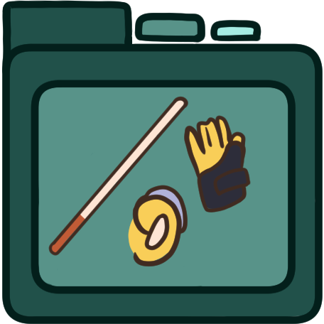 a teal file folder with a white cane, an ear with a hearing aid in it, and a hand wearing a wrist brace on it.